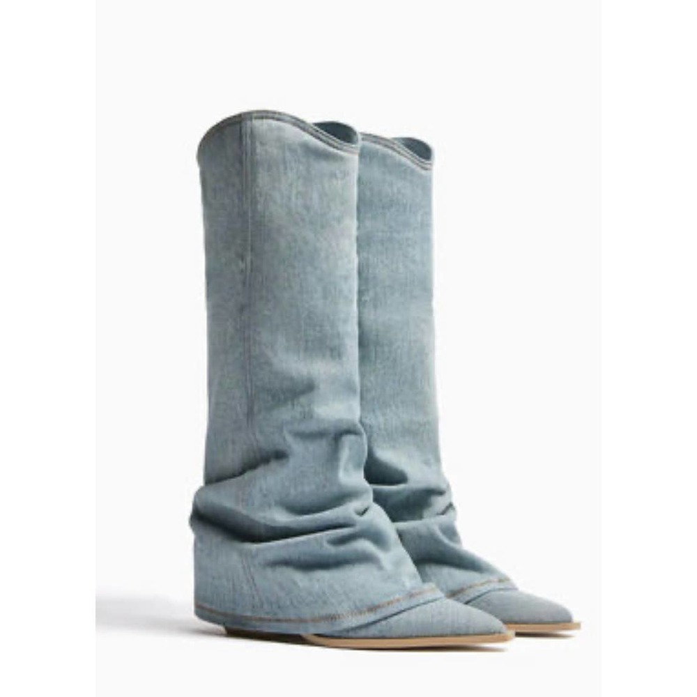 Bershka Denim Pointed Toe Layered Western Boots Size 41 NWT Blue - Picture 1 of 7